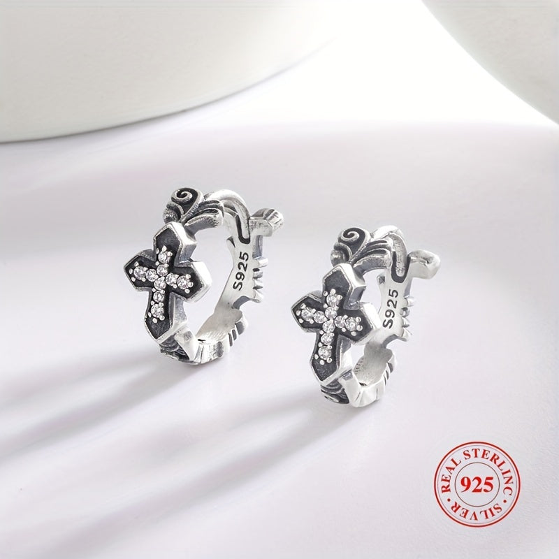 Sterling 925 Silver Cross Pattern Zircon Hoop Earrings
